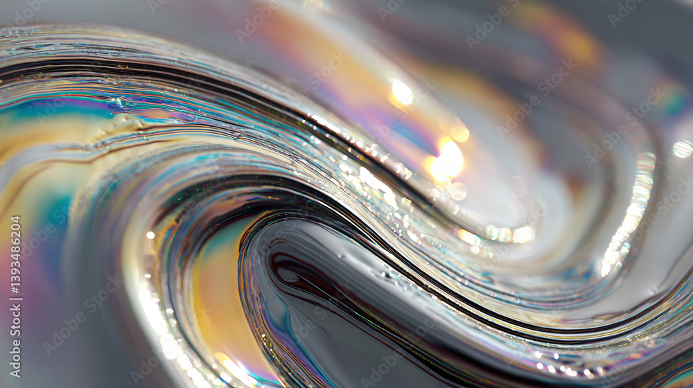 Poster shimmering mercury, frozen in a swirling motion, its surface displaying colorful, iridescent reflect