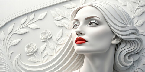 3D relief of a woman with red lips and flowing hair, surrounded by sculpted floral patterns. A striking blend of classic sculpture and modern accent. Ideal for beauty, design, and luxury branding.