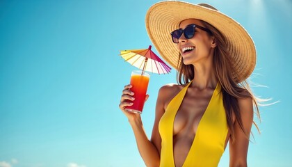 Joyfully smiling woman in yellow swimsuit with large straw hat and dark sunglasses holding bright summer cocktail with small umbrella against clear blue sky