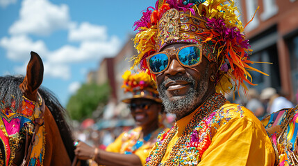 Obraz premium Parade participant, colorful attire, sunny day