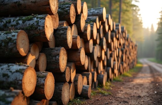 Spruce logs piled along forest road. Sawn tree trunks from logging wood industry. Stacked timber ready for removal and processing. Brown wooden logs with texture and end grain.