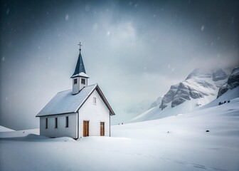 Solitary Mountain Church Amidst a Winter Storm A Minimalist Landscape of Serenity and Isolation