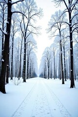 Snowy forest landscape with bare trees against a white background, white background, frozen landscape, natural scenery