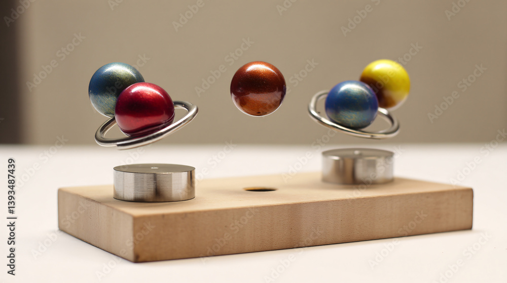 Poster small desk toy using magnets to create a floating effect, demonstrating principles of physics.