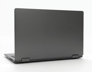 Back view of open gray slim laptop on white background. Modern device for business, work, study. Digital portable computer for communication, data storage, design, internet. Mobile gadget.