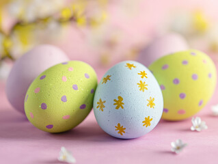 Fototapeta premium Three pastel Easter eggs decorated with polka dots and flowers sit on a pink surface with blurred sp blossoms in the background creating a festive sp scene.