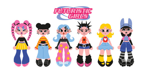 Retro cartoon characters in Y2K style. Cyber girls with stars for 90s-inspired design. Collection of funky futuristic vector mascots and object