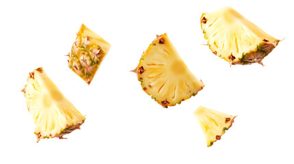 Naklejka premium Juicy Pineapple Slice Falling Gracefully on White Background - Vivid and Fresh Fruit Concept