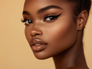 Fototapeta premium Close-up of a woman with flawless makeup, featuring bold eyeliner and full eyelashes. Her skin appears smooth and glowing, highlighting her lips. She gazes softly at the camera