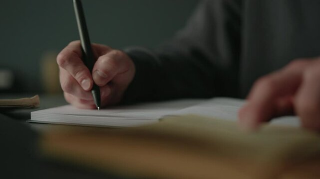 Student hands writing notes with pen in notebook while studying from textbook at home, focused on learning and education, sitting at desk in library with dark interior, close-up, slow motion.