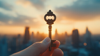 A  vintage key is held up by a person's fingers, sharply silhouetted against the beautifully blurred backdrop of a city skyline bathed in the warm, golden light of either sunrise 