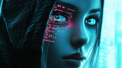 Digital face with a serious expression and numbers in red, 0110 visible near the eye. The image suggests a blend of technology and human, with data overlaying the skin