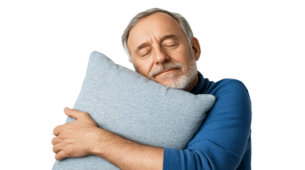Senior man sleeping and hugging pillow, enjoying rest, cut out transparent