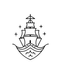 Vintage Pirate Ship Line Art Illustration