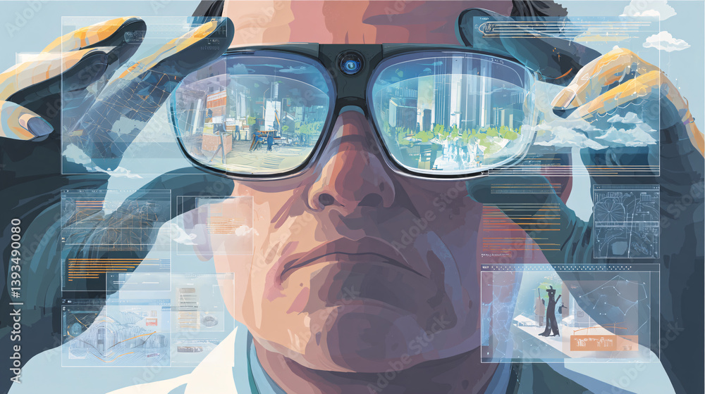Poster someone is using ar glasses that display digital information on top of their view of the real world,
