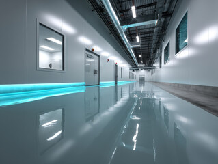 Wide-angle view of a modern industrial corridor with doors and windows. The floor reflects blue ambient lighting from panels along the walls. Overhead, exposed ducts and lights