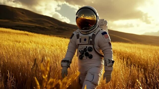 Astronaut in full space suit walking through golden grassland under soft sunlight
