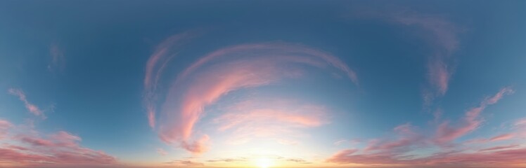 Fototapeta premium 360 degree panoramic view of colorful sunset sky. Pink Cirrus clouds with bright sunlight at twilight. Ideal for 3D visualization and sky replacement. Aerial drone perspective.