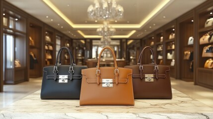 Luxurious handbags display in a high-end boutique.  Elegant leather totes showcased on a marble surface