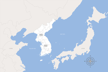 2.KOREAN PENINSULA. A map of the Korean Peninsula showing the border between North and South Korea on a white background in Northeast Asia.
