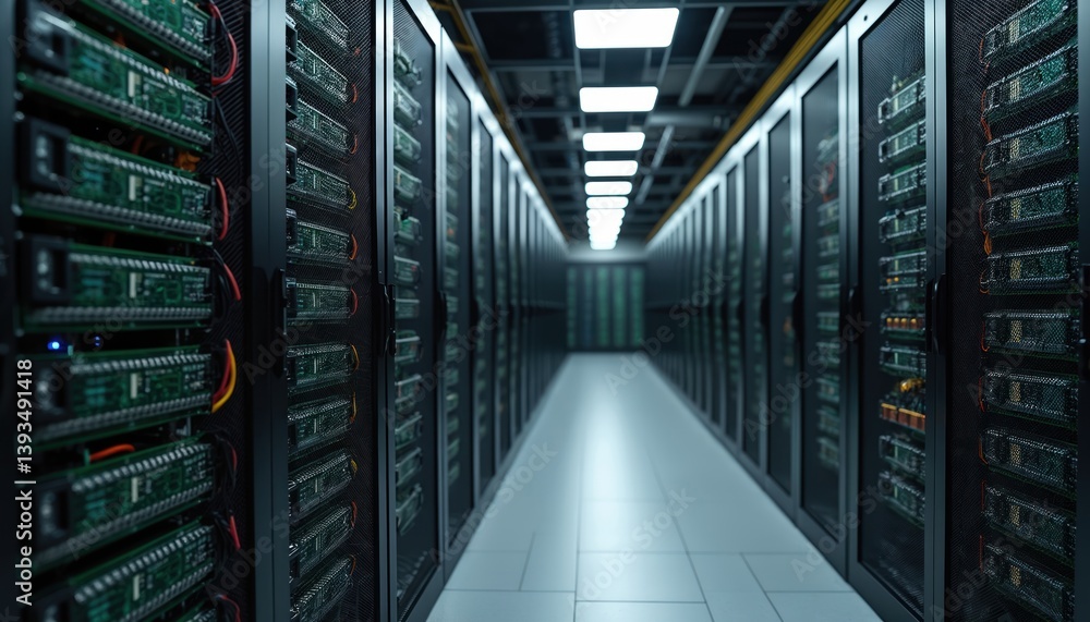 Poster server racks in modern data center. technology infrastructure, cloud computing, data storage, digita
