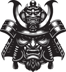 Samurai helmet with oni mask black and white vector