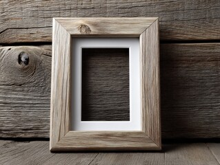 Fototapeta premium Wooden frame with a textured finish and plain white border set against weathered wooden planks with visible knots and grain patterns. No text present