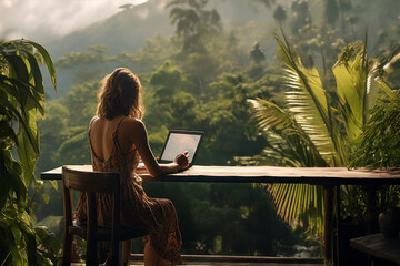 Digital nomad lifestyle. Woman working on a laptop while traveling. Career and personal life. Finding a healthy balance between work and personal life