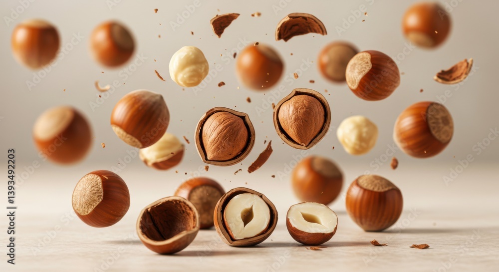 Poster a vibrant display of hazelnuts floating gracefully against a soft background creating a nutty compos