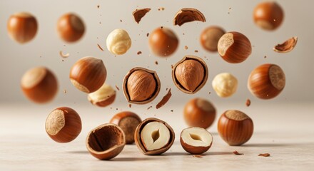 A vibrant display of hazelnuts floating gracefully against a soft background creating a nutty composition