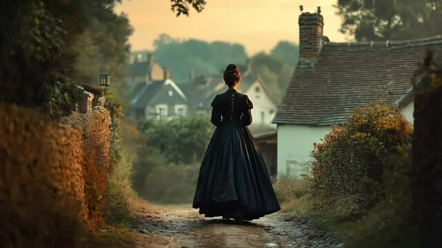 Victorian girl in long dress walking toward quiet countryside village at dawn

