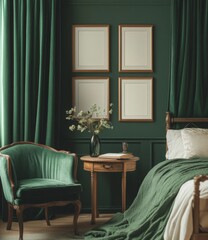 Luxurious emerald green bedroom with wooden accents