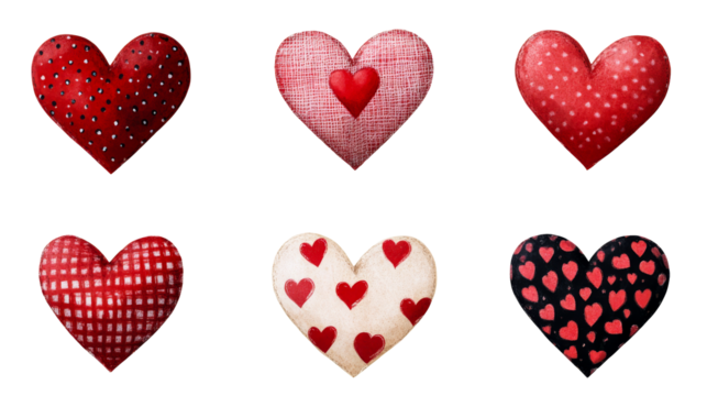 Assorted hearts, diverse patterns, romantic decorations, Valentines Day , cut out transparent - Powered by Adobe