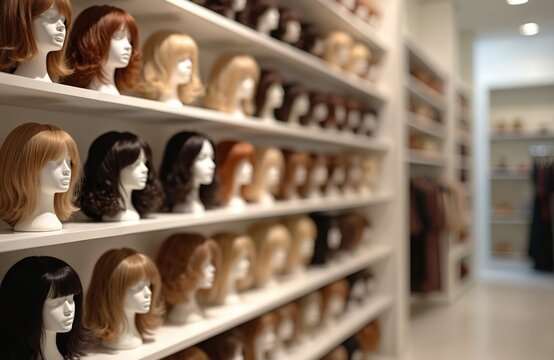 Shelves display vast assortment of female wigs. Mannequin heads showcase diverse hairstyles, colors, lengths. Beauty shop, retail store. Hair extensions, hairpieces for fashion, cosplay medical