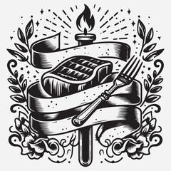 Scroll banner with black line work tattoo style steak and fork stock illustration