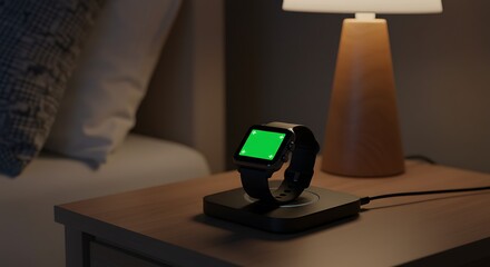 Naklejka premium Smartwatch on Charging Dock at Nightstand Near Bed, Mockup for Digital Display