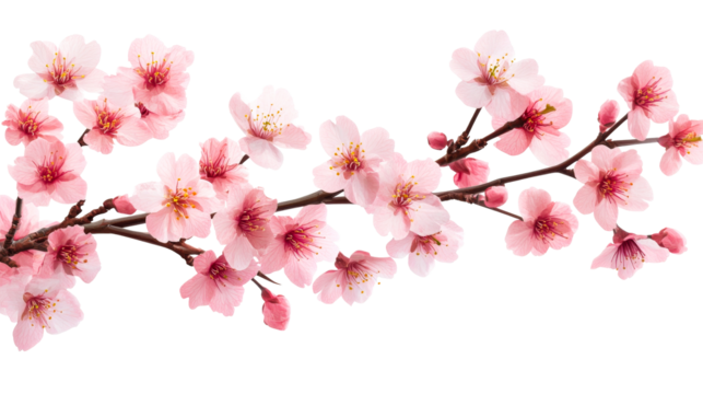 Blooming cherry branch with pink flowers on black background, cut out transparent