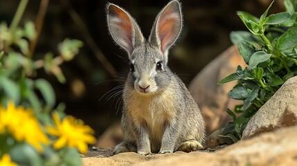 Charming young aardvark sitting among rocks and flowers. Natural habitat and sunny day. Promoting love for unique wildlife species. Educational and fun. National Aardvark Week celebration