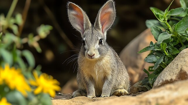 Charming young aardvark sitting among rocks and flowers. Natural habitat and sunny day. Promoting love for unique wildlife species. Educational and fun. National Aardvark Week celebration