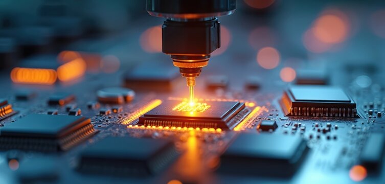 Close-up semiconductor computer chips manufacturing process. Pick, place machine attaches chips to circuit board. High-tech automated production line. Modern tech innovation, data processing.