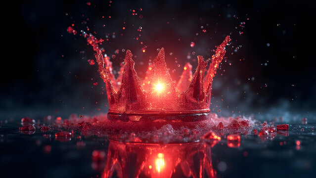 Glass crown implodes with star collapse amid crimson energy swirls. 8K quantum-dimensional breaking art.