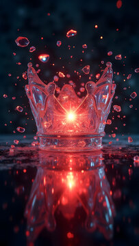 Glass crown implodes with star collapse amid crimson energy swirls. 8K quantum-dimensional breaking art.