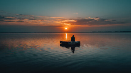Naklejka premium A surreal photograph of a person in a meditative pose on a wooden raft, centered in frame with a vivid amber sun just touching the waterline, smooth reflective sea