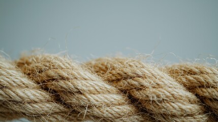 Fototapeta premium Close-up of a thick, intertwined, tan rope against a light blue background