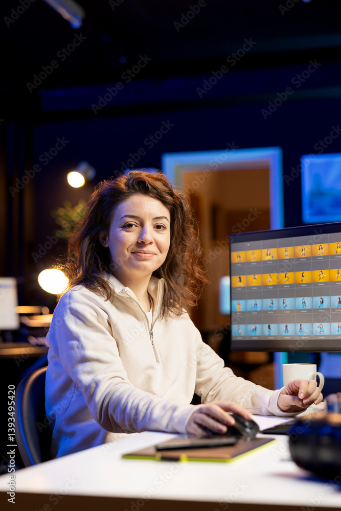 Poster portrait of cheerful photo editor retouching photographs with editing software on computer, picking 
