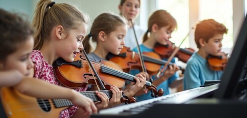 Group of children practice music instruments in bright classroom. Kids play violin piano guitar, learn musical skills. Children explore music, express creativity, develop talent in school environment.