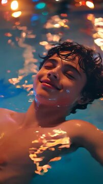 A bisexual young person floating in a neon-lit liquid pool, symbolizing LGBTQ+ fluid identity and empowerment