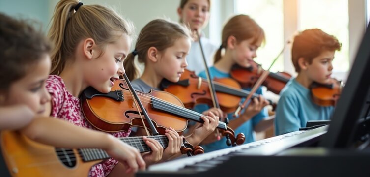Group of children practice music instruments in bright classroom. Kids play violin piano guitar, learn musical skills. Children explore music, express creativity, develop talent in school environment.
