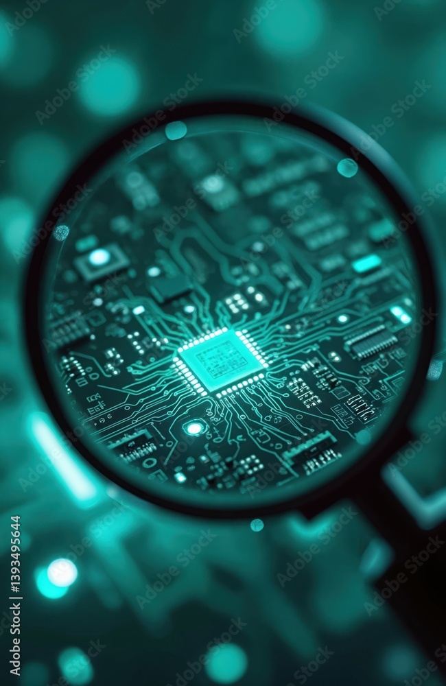 Poster magnifying glass over green circuit board reveals tech detail. microchip, processor, electronic comp