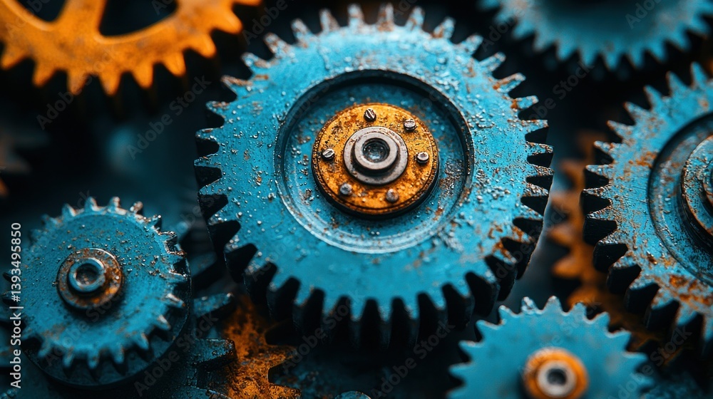 Poster close-up of rusty blue and orange interlocking gears, creating mechanical texture